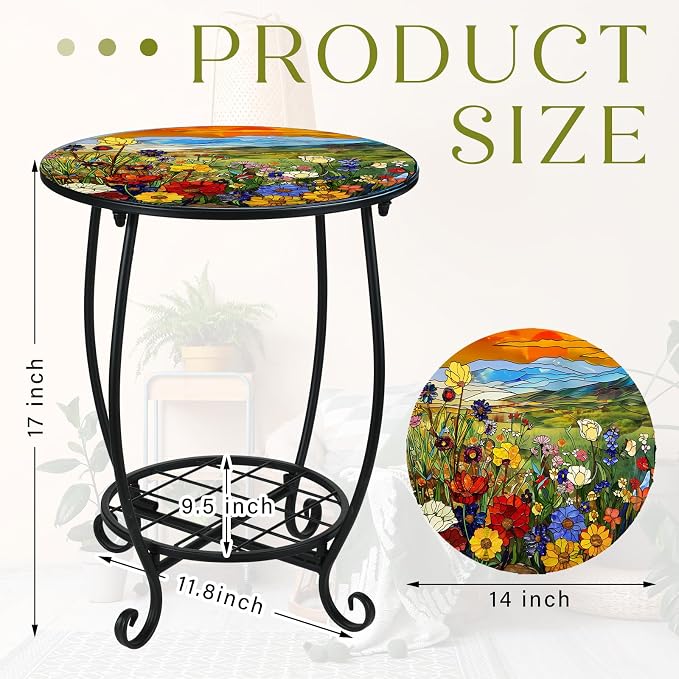 Cinnvoice Outdoor Side Table Round Small Mosaic Patio Accent Indoor End Plant Coffee Tea Table for Yard Patio Porch Garden Living Room, Bedroom(Flower Style,14 Inch)