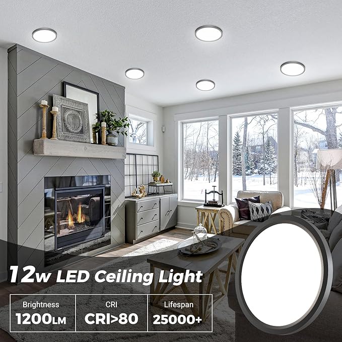 zemty 2Pack LED Ceiling Light Fixture 6.5 Inch, 12W 1200lm Ceiling Mount Light Fixtures, Adjustable 3000K 4000K 6500K, Round Flat Ceiling Lamp for Bathroom Closet Hallway Laundry (Black)