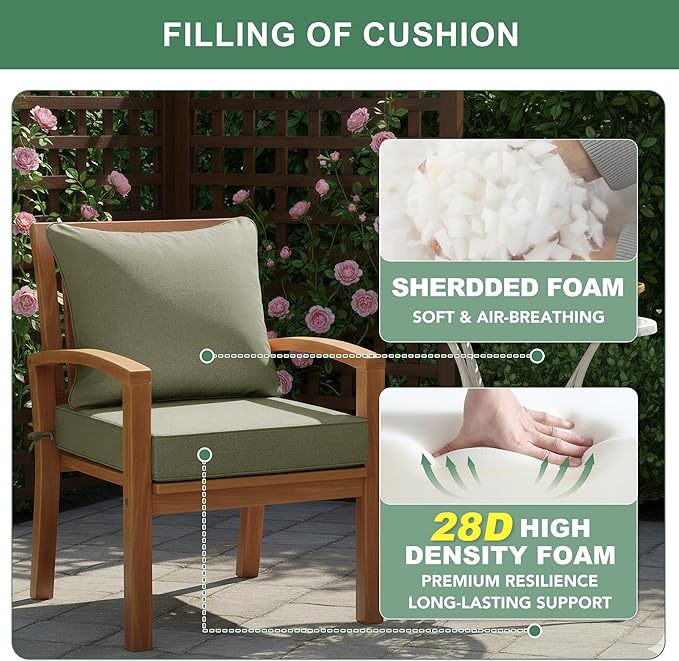 Summsun Water Resistant Outdoor Chair Cushions, Faux Linen Backrest and Deep Seat Cushion Set with Ties, Removable Cover, Non-Slip Bottom for Patio Furniture, 24 x 24 Inch, Mocca Green, Set of 2
