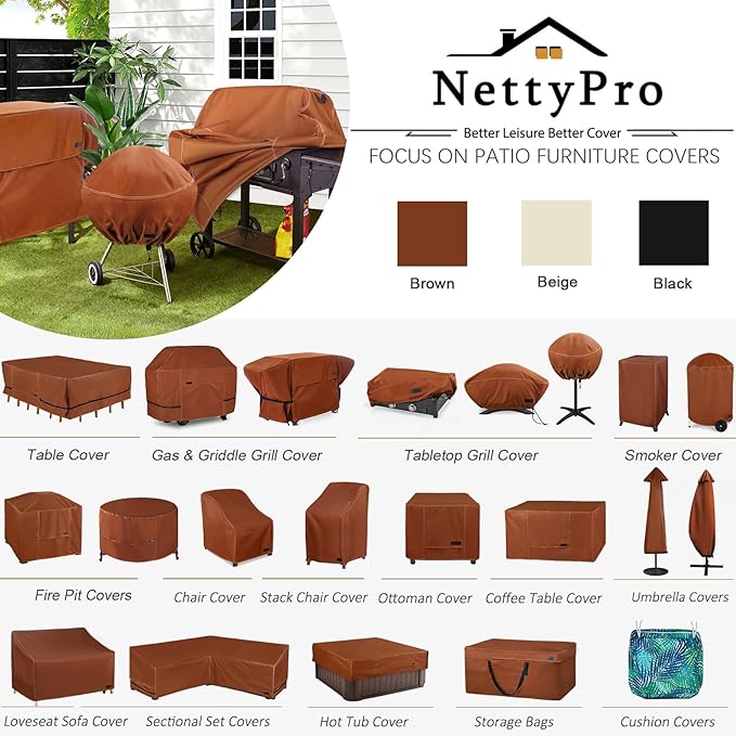 NettyPro BBQ Grill Cover 56 inch Heavy Duty Waterproof Outdoor 2-3 Burners Gas Grill Cover for Outside Weber, Char-Broil, Brinkmann, Nexgrill Barbecue, Brown