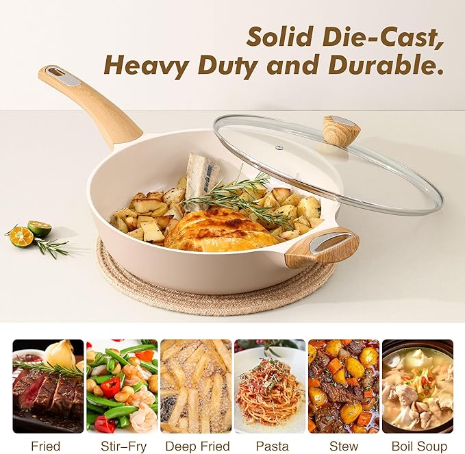 SENSARTE Ceramic Nonstick Frying Pan Skillet with Lid, 12 Inch Large Deep Frying Pan, 5 QT Saute Pan, Induction Pan, Healthy Non Toxic Cooking Pan with Helper Handle, PFOA PFAS PTFE Free