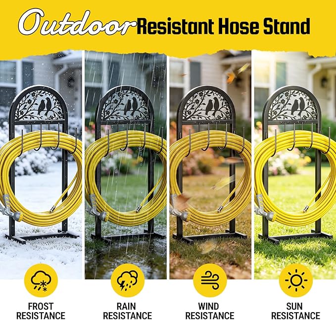 YQSLYSF Garden Hose Holder for Outside, Water Hose Reel Freestanding with 4 Stake, Heavy Duty Metal Hose Stand Storage Rack Holds 150Ft