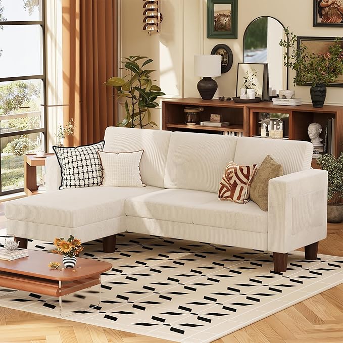 VICTONE Convertible Sectional Sofa Couch, 3 Seat L-Shaped Sofa with Linen Fabric Ottoman Small Couch for Small Apartments, Living Room and Office (Corduroy, Cream)
