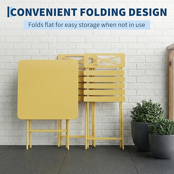 Outdoor Square Bistro Set 3 Piece, Yellow Iron Tube Patio Furniture Set with Square Table & 2 Chairs, Foldable Steel Backyard Deck Porch Garden , Space Saving Outdoor Dining Set for Small Spaces