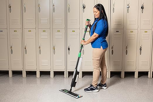 Unger Commercial Excella 18" Floor Cleaning Kit with Straight Pole - Adjustable Height, Liquid Dispensing System, 2 Microfiber Pads and Refillable Bottles - EFKT8