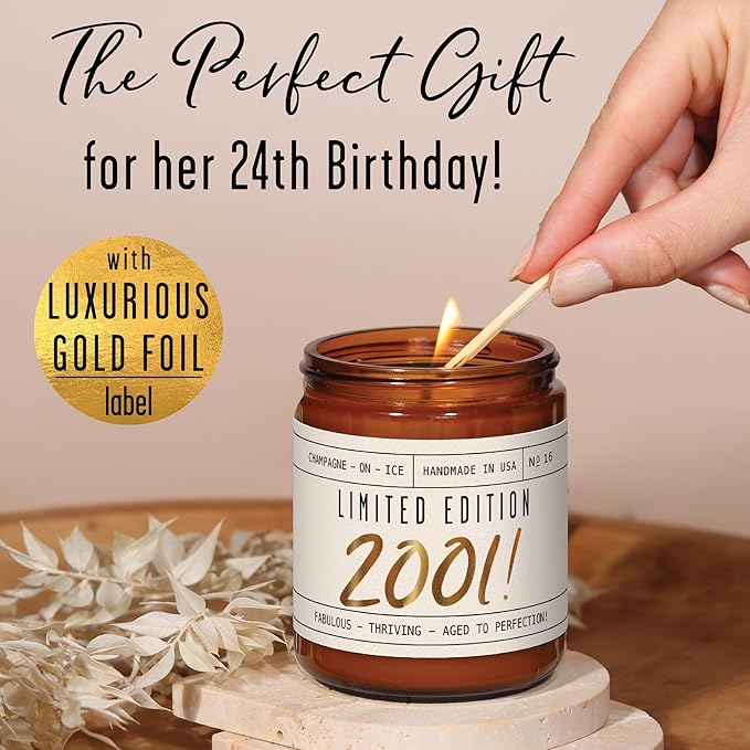 24th Birthday Gifts for Women - 'Limited Edition 2001' Soy Candle, w/Champagne on Ice I 24 Birthday Gifts for Women I 24th Gift for Her Ideas I 9oz Reusable Jar, 50Hr Burn, Made in USA