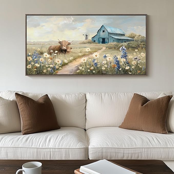 Framed Large Barn Farmhouse Canvas Wall Art for Living Room, Highland Cow Windmill Wildflower Pictures Wall Art Decor for Bedroom Vintage Landscape Floral Painting Artwork Prints for Living Room 24x48