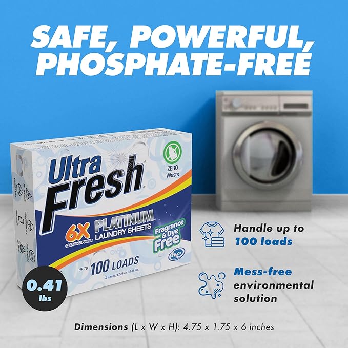 Ultra Fresh Platinum 4 Pack Laundry Soap Detergent Sheets, Ultra Concentrated, Stain Fighting, Fragrance & Dye Free, 400 Loads