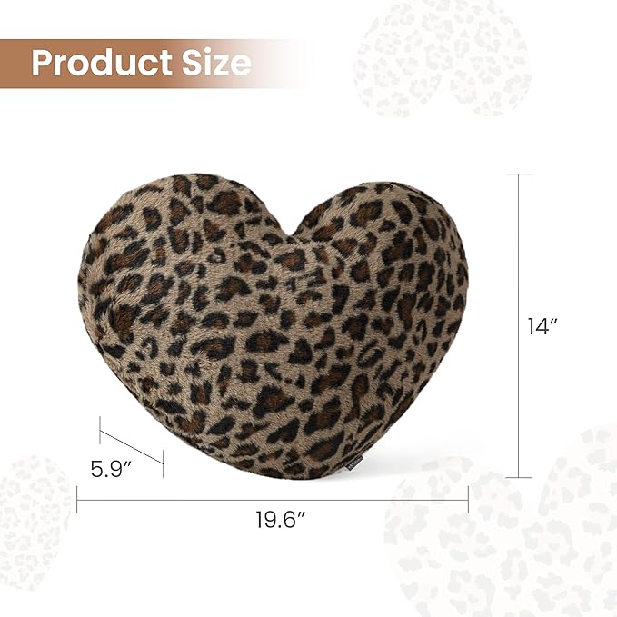 AELS Cheetah Print Heart Shaped Pillow, 20 Inches Decorative Leopard Love Pillow, Soft Fluffy Plush, Valentine's Day, Wedding, Living Room, Bedroom & Nursery Decor, Brown
