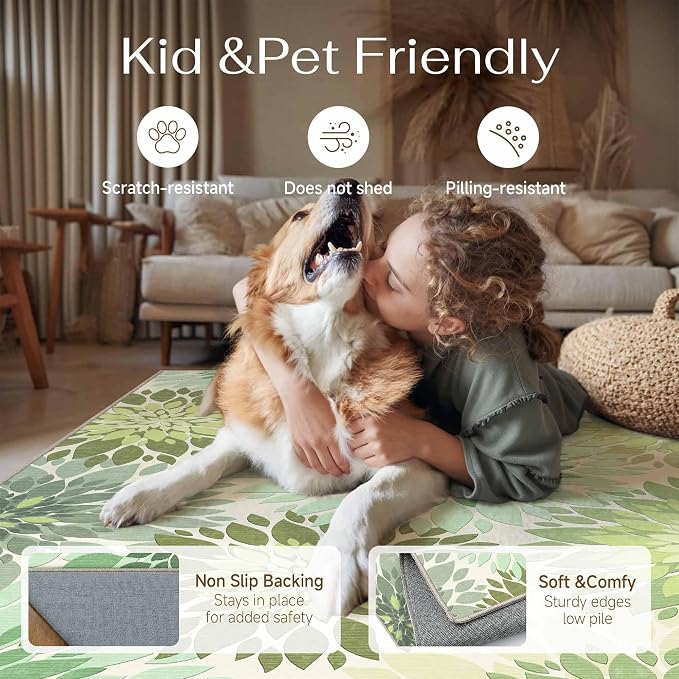 5x7 Indoor Outdoor Area Rug Washable Patio Rug Green Non Slip Non Shedding Waterproof Carpet for Living Room Bedroom Backyard Porch Camping RV Balcony Poolside