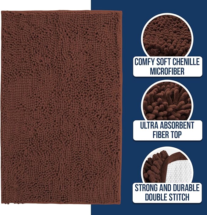 Muddy Mat Chenille Bathroom Rugs Quick Dry Microfiber Mats Non Slip Washable, Extra Thick, Soft and Highly Absorbent Bath Mats for Bathroom, Kitchen, and Shower Floor - Brown XL 59"X35"