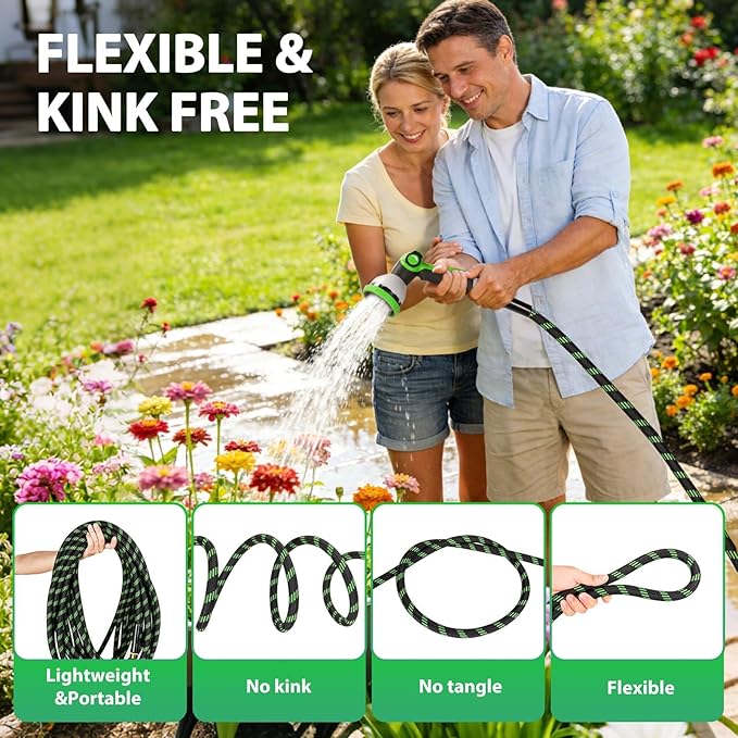 Garden Hose 75 ft Water Hose Flexible Non-Expandable Outdoor Heavy Duty Lightweight Leakproof Kink-free flex Watering Hose Pipe for 3/4 inch Fitting Yard Lawn Outside Car Wash