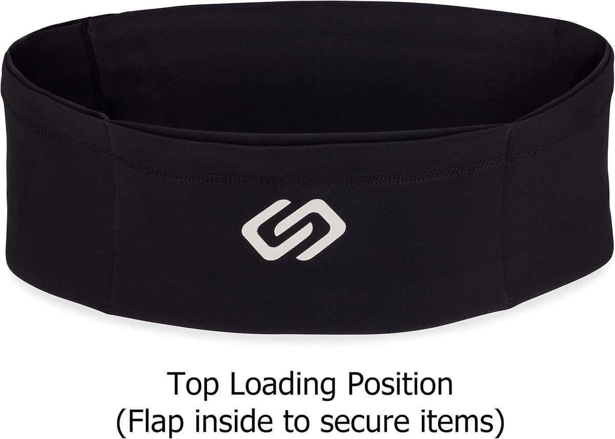 Sporteer VersaSlim Running Belt, Travel Money and Passport Belt, Workout Waist Pack for Smartphones and Personal Items (Black, Medium)