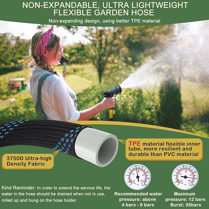 Garden Hose Non-Expandable 75 ft, Lightweight Flexible Water Hose with 10 Function Spray Nozzle, Outdoor Leak Proof, Kink-Free, Portable Hose for Yard, Lawn, Camper, High-Density Fabric, Black Blue
