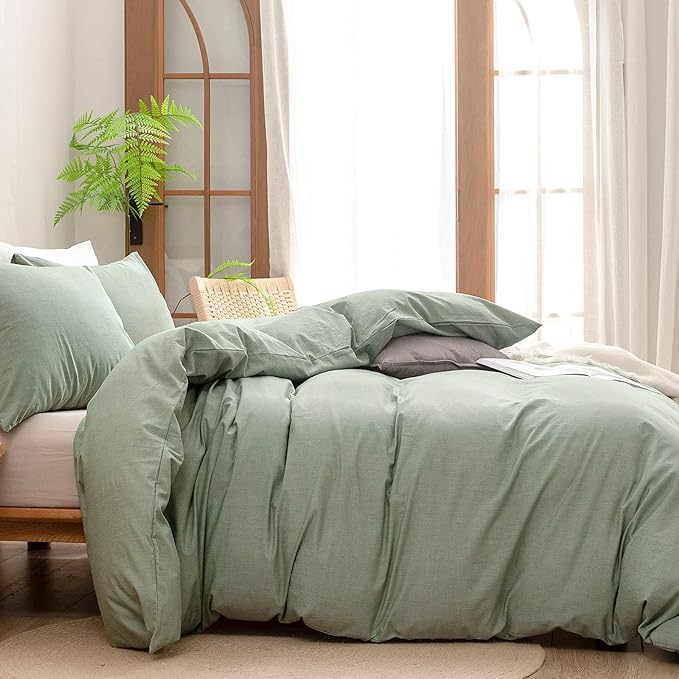 BESTOUCH Duvet Cover Set 100% Washed Cotton Linen Feel Super Soft Comfortable Chic Lightweight 3 PCs Home Bedding Set Solid Green Super King