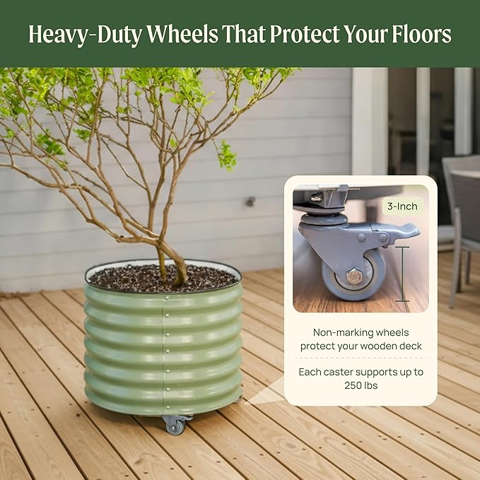 Rolling Metal Citrus Tree Planter Pot, 21″ Round Planter Box for Porch Patio & Backyard, 20 Gallon Large Planter Pot with Wheels for Growing Olive Trees Tomatoes Vegetables Flowers, 2 Pack Modern Gray