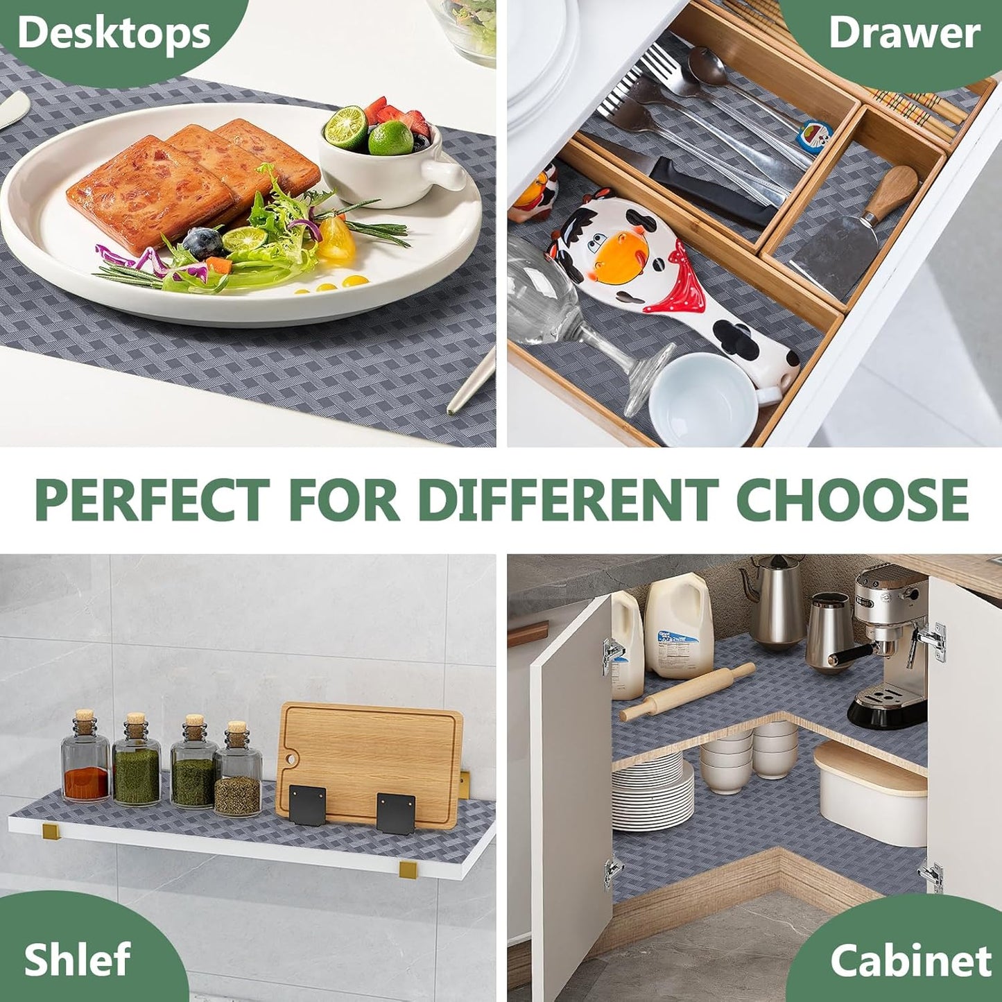 Shelf Liners, Non-Adhesive Drawer Liner, Waterproof & Oil-Proof Kitchen Cabinet Cupboard Liner Plastic EVA Material BPA Free Fridge Liner Mats Paper Protector for Shelves (Grey/12in x 240in)