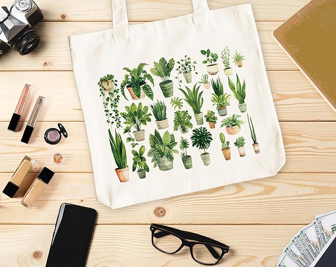 Plants Tote for Women, Vegan Canvas Tote, Plant Lover Gift Bag, Just One More Plant Library Book Bags, Plantaholic Shopping Bags, Botanical Shoulder Bag Gifts for Vegetarian Plant Lady -60