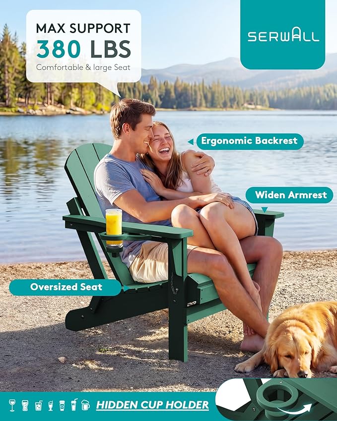 SERWALL Folding Adirondack Chair Outdoor Adirondack Chairs with Cup Holder Weather Resistant Patio Chair Weather Resistant for Patio Deck Garden, Backyard Deck, Fire Pit - Green