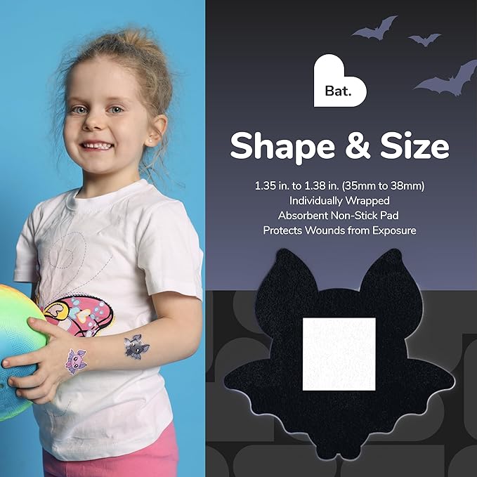 BioSwiss Kids Bandages, Halloween Bat Shaped Self Adhesive Bandage Set, Latex Free, Sterile Wound Care, 50 Count