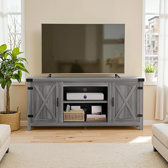 YESHOMY Modern Farmhouse TV Stand with Two Barn Doors and Storage Cabinets for Televisions up to 65+ Inch,Entertainment Center Console Table,Media Furniture for Living Room,Light Grey