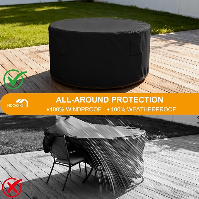 HDCAXKJ Round Patio Table Cover Waterproof Outdoor Dining Table and Chair Set Cover Heavy Duty Round Protector with Zipper Anti-Fading Cover for Outdoor Furniture (Black, 61"DIA x 39"H)