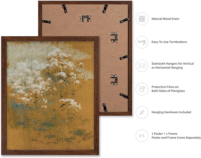 Poster Master Vintage Wild Flowers Poster - Retro Tonal Botanical Painting Print - Abstract Art - Floral Art - Farmhouse Art - Aesthetic Flower Shop or Living Room Wall Decor, 16x20 Brown Framed
