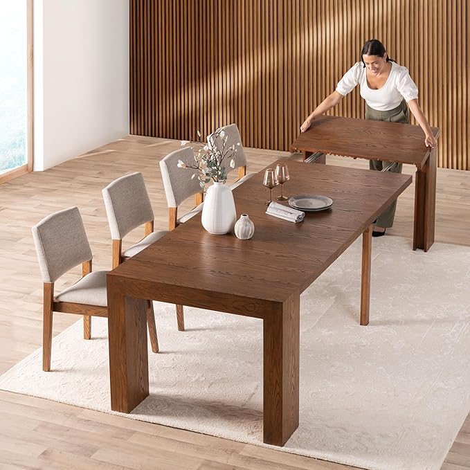 Transformer Table - Solid Wood Extendable Dining Table with 4 Stackable Chairs, Seats 2-12, Expandable Table, Space-Saving Furniture, Dark Walnut, Brown Finish (Table + 4 Chairs)
