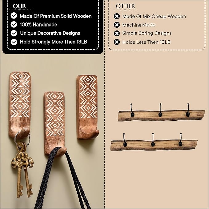 IndianShelf 10 LB- 6 Pieces Decorative Wood Adhesive Wall Hooks–Boho Peel and