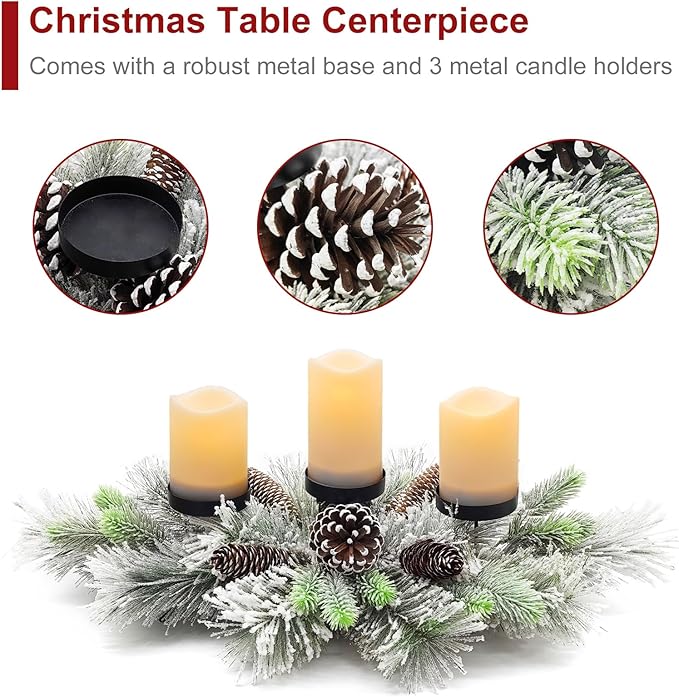 Christmas Centerpiece Table Decorations, Handcrafted Snowy Pine Cones and Pine Needles with 3 Candle Holders for Dining Table Fireplace Mantel - 27.5 in