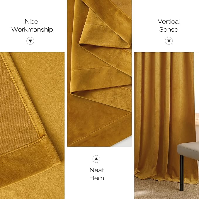 NICETOWN Mustard Gold Velvet Curtains Long Drapes, Living Room Office Luxury