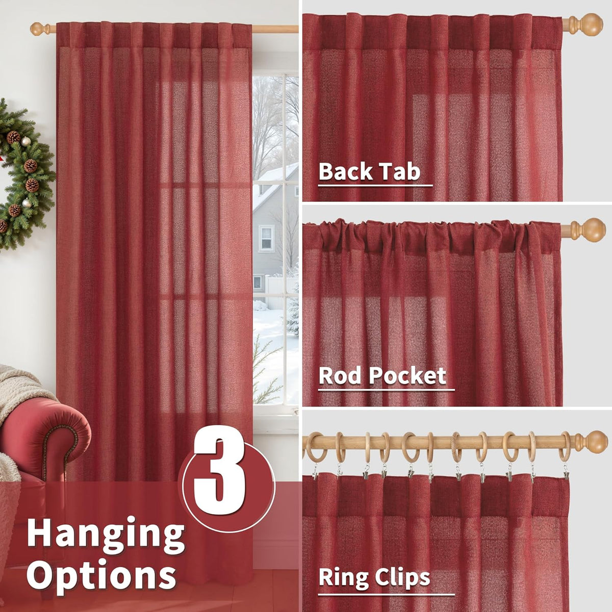YoungsTex Red Linen Curtains 63 Inch Length 2 Panels for Living Room - Christmas Semi Sheer Window Drapes with Back Tab Rod Pocket Light Filtering for Bedroom, 52 X 63 Inch