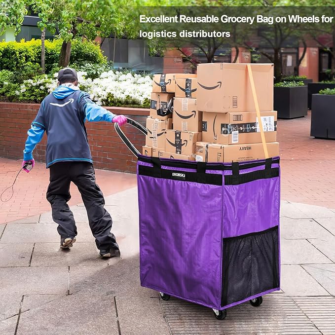 (Medium,Violet) Reusable Grocery Bag on Wheels, 70L Foldable Rolling Tote, Carries Up to 66 lbs Shopping Trolley, Zipper Clouser Shopping Carts for Trips, Laundry, 4 Heavy Duty Wheels and 3 Handles | Bag on Wheels, Foldable