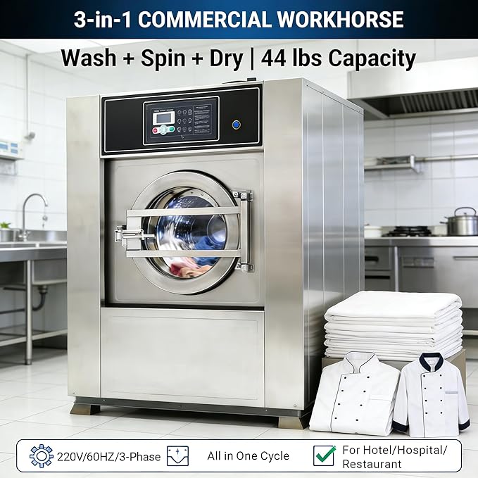 Industrial Front Load Washer Dryer Combo All-in-One Washing Machine with Wash, Spin & Dry 44LBS SUS304 Stainless Steel, Commercial Laundry Machine for Hotel/Hospital/Laundry Shop 220V 60Hz