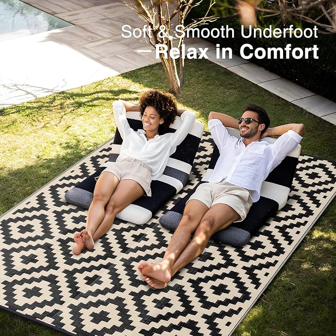 OLANLY Waterproof Outdoor Rug 9x12 ft, Outdoor Plastic Straw Rug for Camping, RV Mat Outside, Outdoor Carpet for Porch, Deck, Backyard, Balcony, Picnic, Black & Beige