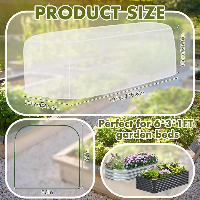 Woanger 2 Pack Garden Netting for Raised Beds Rectangular Pest Barrier with Hoops for Garden Protection Plant Mesh Netting with Drawstring Plants Vegetables Fruits Flowers (for 6x3x1 ft)