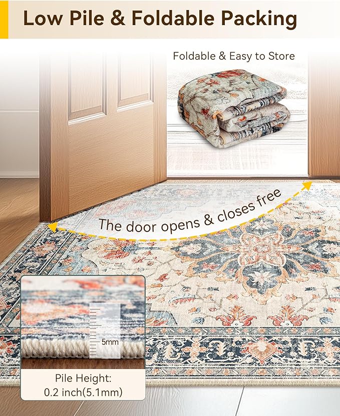 Area Rugs 3'x5' Washable Non-Slip, Floral Vintage Distress Print Pattern Medallion Carpet for Living Room Bedroom Dining Room, Beige Navy Blue Orange Colorful