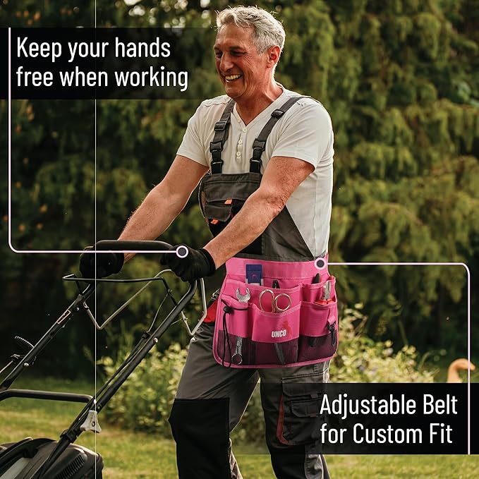UNCO- Adjustable Gardening Belt, Pink, 7 Pockets, Wear, Cut and Water Resistant, Garden Tool Belt Pouch, Waist Apron with Pockets
