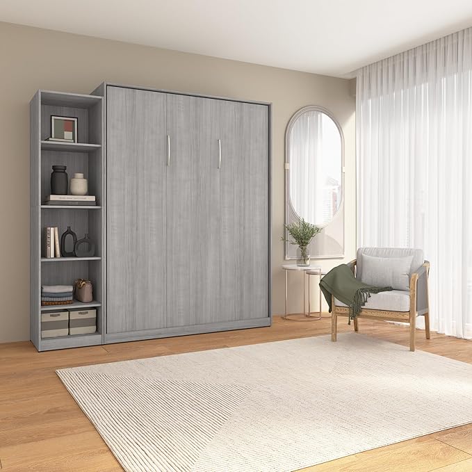 Bestar Claremont Queen Murphy Bed with Closet Organizer (85W) in Platinum Gray, Space-Saving Sleeping Arrangement for Multipurpose Room
