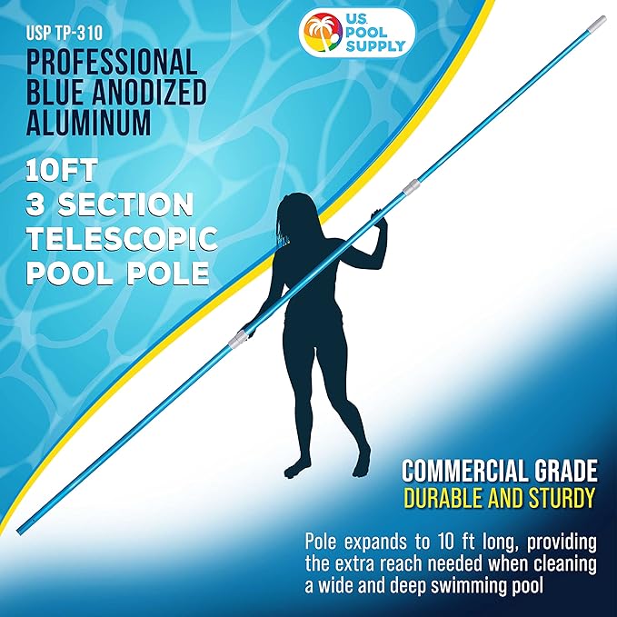 U.S. Pool Supply 10 Foot Swimming Pool Pole Telescopic - Aluminum Pool Skimmer Pole Net, Rake, Brush, Vacuum Head Handle, Attach Cleaning Equipment Accessories, Adjustable 3 Piece Expandable Extension