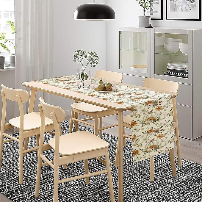 Fall Pumpkin Table Runner Rustic Floral Watercolor Plants White Vegetables Flowers Pastoral Theme Home Decor for Farmhouse Indoor Outdoor Party Holiday Dining Kitchen Restaurant Cafe W13xL36in