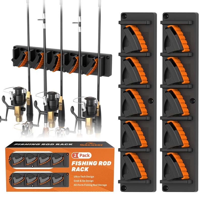 Fishing Rod Holder for Garage Wall, Vertical Fishing Pole Rack with TPE Soft Pads Each Holds Up to 5 Rods 0.1"-0.75" – Wall Mounted Fishing Rod Storage Organizer,Gifts for Men – 2 PACK (Holds 10 Rods)