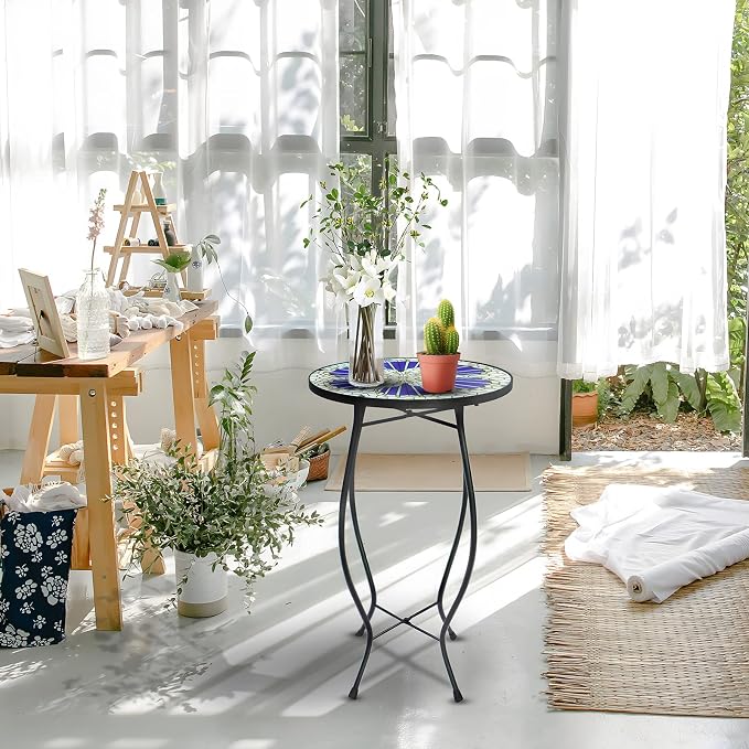 Arbuxzuy 12 Inch Small Outdoor Side Table with Blue Morning Glory, Glass Mosaic Patio Table Indoor, Round Plant Coffee Table for Living Room, Balcony, Garden