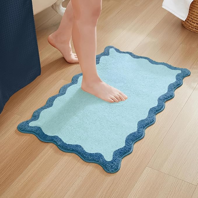 MONDAY MOOSE Bath Mat with Scalloped Wavy Ripple Design, Microfiber Absorbent Non Slip Tufted Rug for Floor, Shower or Kitchen (16x24 inch, Blue)
