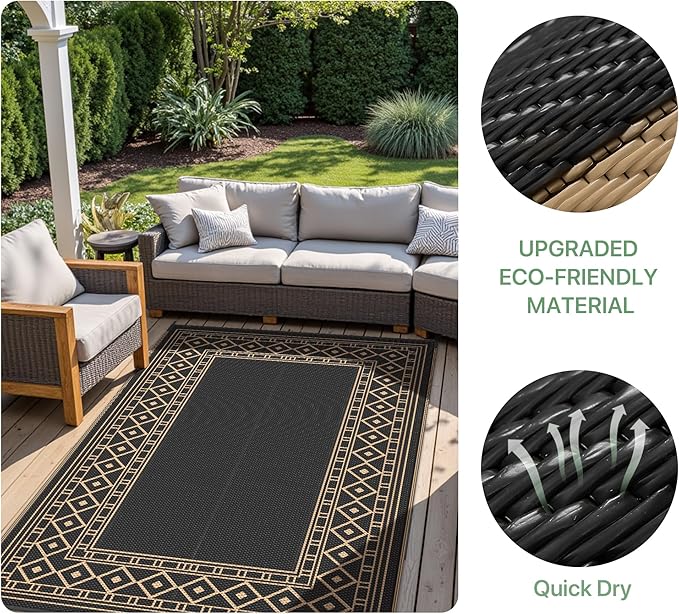 GENIMO Outdoor Rug Waterproof 6'x9' for Patio, Foldable Reversible Plastic Straw Carpet for Travel Trailers, Outside Area Mat for Rv, Deck, Picnic, Porch, Camper, Balcony, Beach, Black & Brown