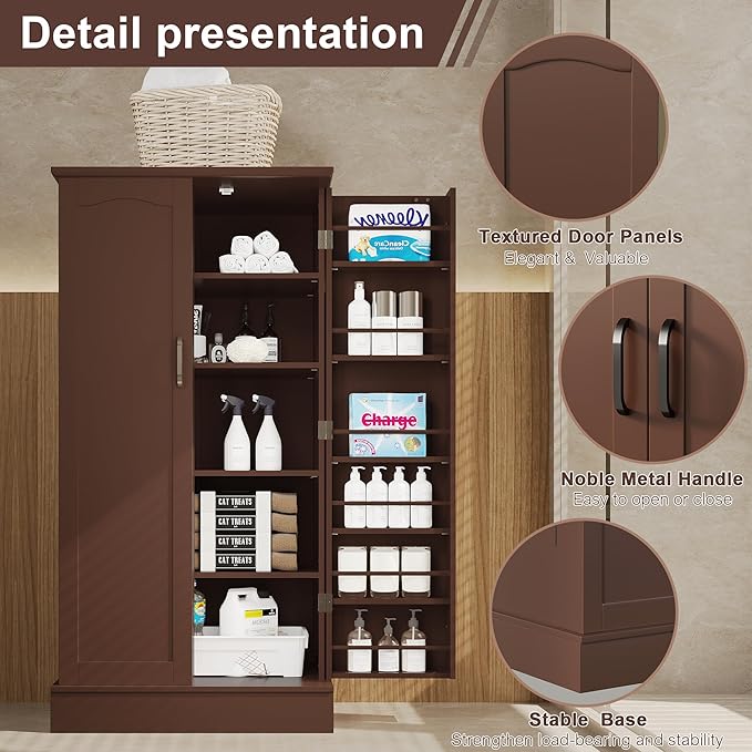 47” Pantry Cabinet, Kitchen Pantry Storage Cabinet with Doors & Adjustable Shelves, Brown Freestanding Buffet Cupboards Sideboard for Living Room and Dinning Room, Sturdy and Durable