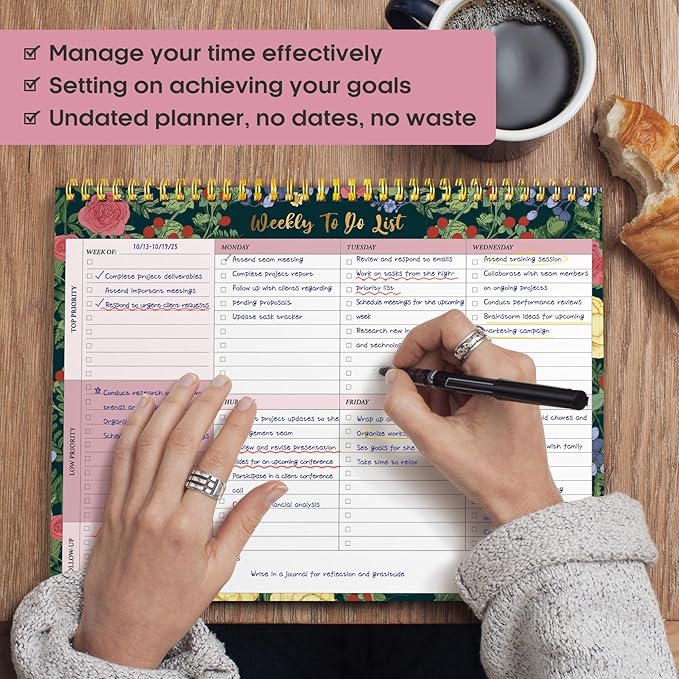 Taja Weekly To Do List Notepad with 52 Undated Sheets（8.5"×11"）- Weekly Desk Planner for Women & Man, Work and Home - 1 Pack Berry Floral