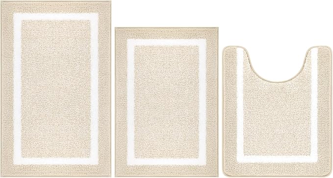 Pauwer Bathroom Rugs Sets 3 Piece Bathroom Shower Rugs with U-Shaped Contour Toilet Mat Absorbent Microfiber Plush Bath Mats Non Slip Bath Rugs Machine Washable Shaggy Bath Floor Mats, Light Beige