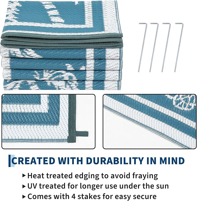 Garvee Outdoor Rug 8x10 Waterproof for Patios, Reversible Plastic Straw Rug, Tropical Leaf Indoor Outdoor Rugs, Large Area Rug for RV, Camping, Deck, Picnic Mat, Outside Carpet, Blue/White
