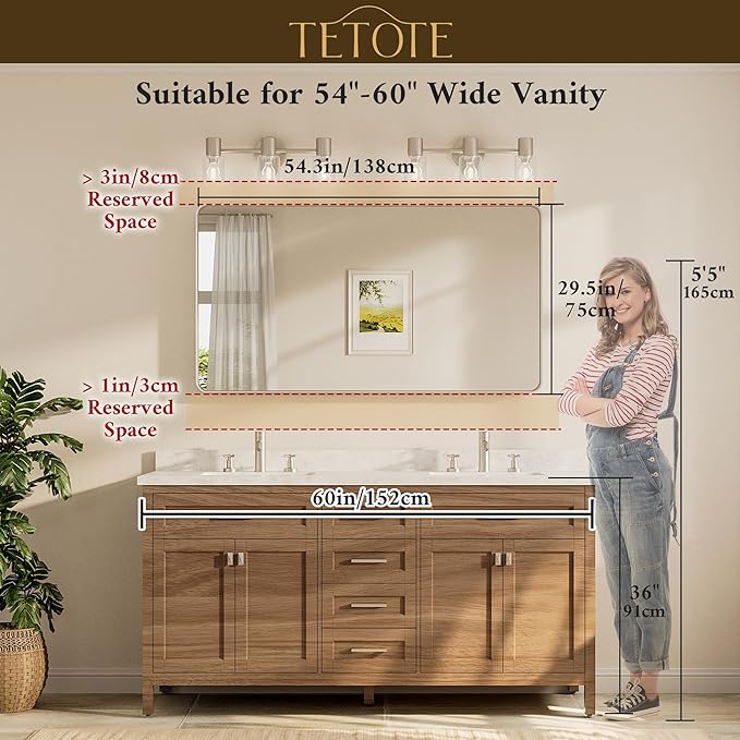 TETOTE 55 x 30 Inch Bathroom Mirror, Matte Black Modern Metal Frame Rectangle